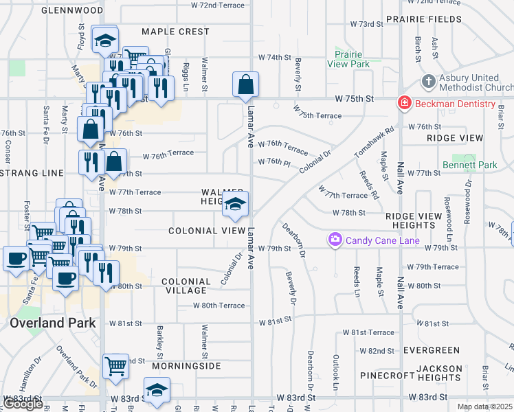 map of restaurants, bars, coffee shops, grocery stores, and more near 7729 Colonial Drive in Prairie Village