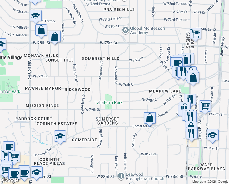 map of restaurants, bars, coffee shops, grocery stores, and more near 7674 Norwood Street in Prairie Village