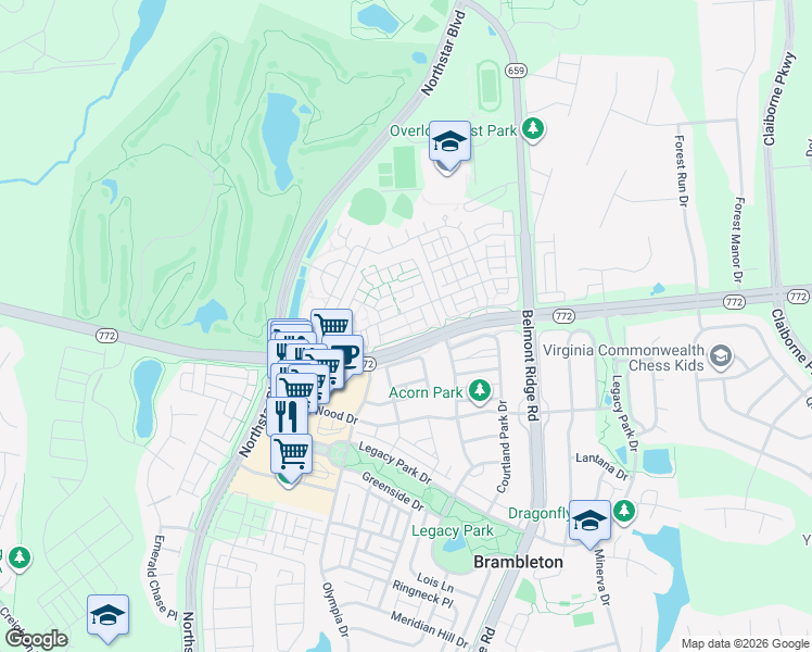 map of restaurants, bars, coffee shops, grocery stores, and more near 42507 Rockrose Square in Brambleton