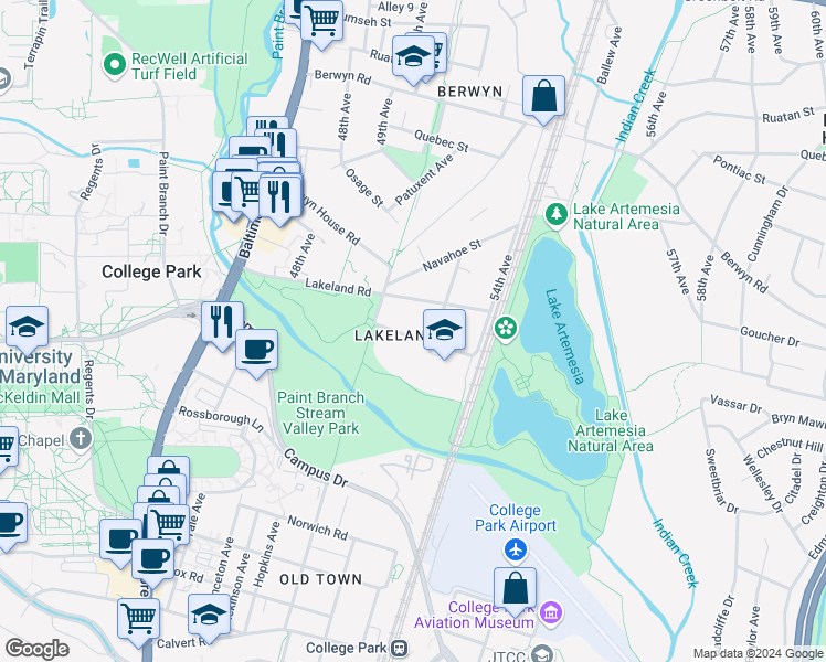 map of restaurants, bars, coffee shops, grocery stores, and more near 5008 Pierce Avenue in College Park