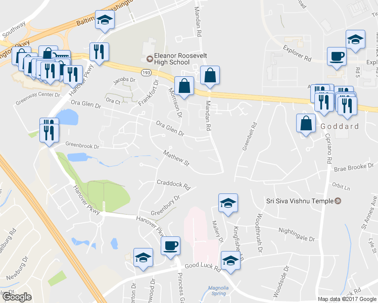 map of restaurants, bars, coffee shops, grocery stores, and more near 7104 Ora Glen Court in Greenbelt
