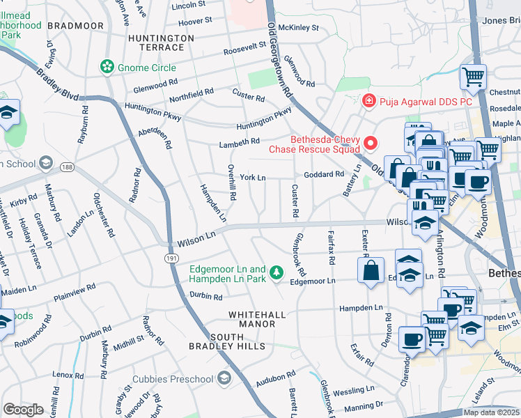 map of restaurants, bars, coffee shops, grocery stores, and more near 7810 Moorland Lane in Bethesda