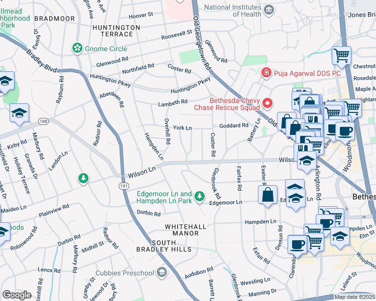 map of restaurants, bars, coffee shops, grocery stores, and more near 7805 Moorland Lane in Bethesda