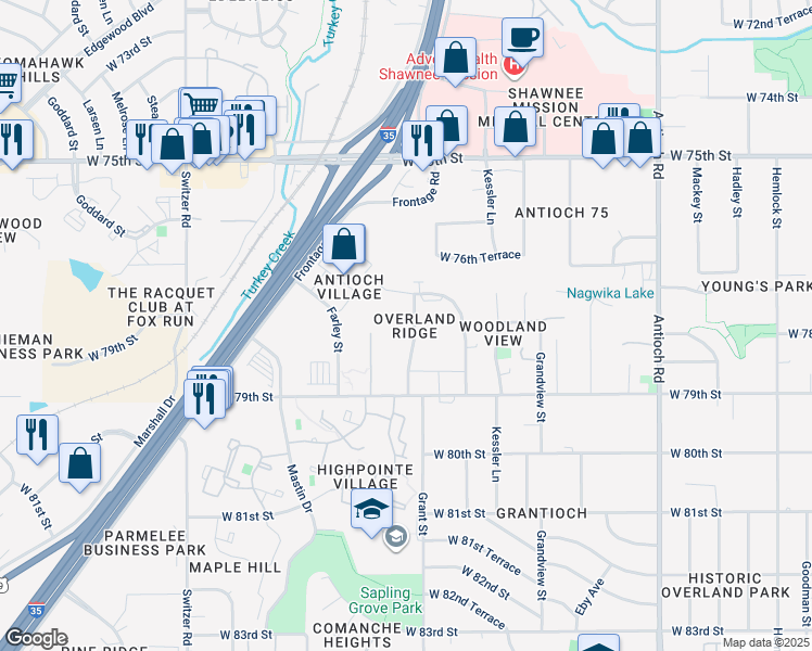 map of restaurants, bars, coffee shops, grocery stores, and more near 7800 Grant Lane in Overland Park
