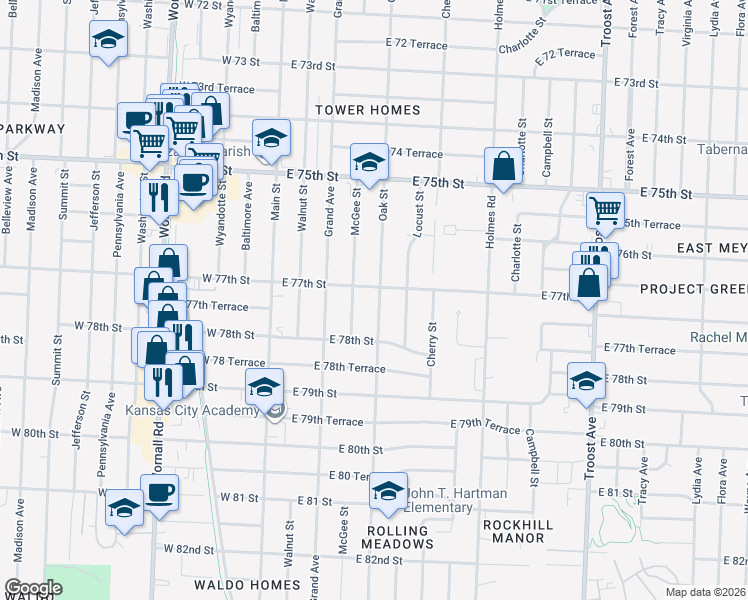 map of restaurants, bars, coffee shops, grocery stores, and more near 7708 Oak Street in Kansas City