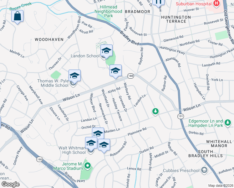 map of restaurants, bars, coffee shops, grocery stores, and more near 7708 Granada Drive in Bethesda
