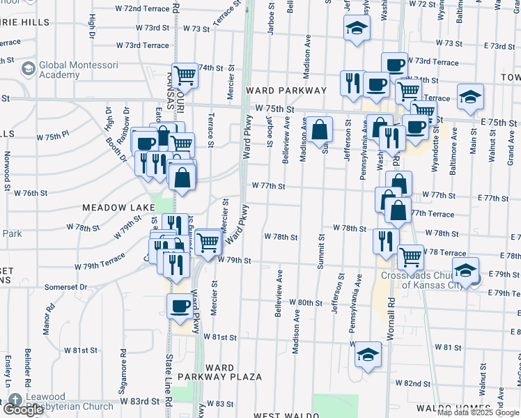 map of restaurants, bars, coffee shops, grocery stores, and more near 1007 West 77th Terrace in Kansas City