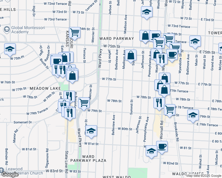 map of restaurants, bars, coffee shops, grocery stores, and more near 1007 West 77th Terrace in Kansas City