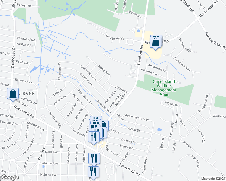 map of restaurants, bars, coffee shops, grocery stores, and more near 218 Deborah Lane in North Cape May