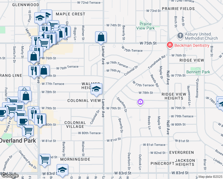 map of restaurants, bars, coffee shops, grocery stores, and more near 7729 Colonial Drive in Prairie Village