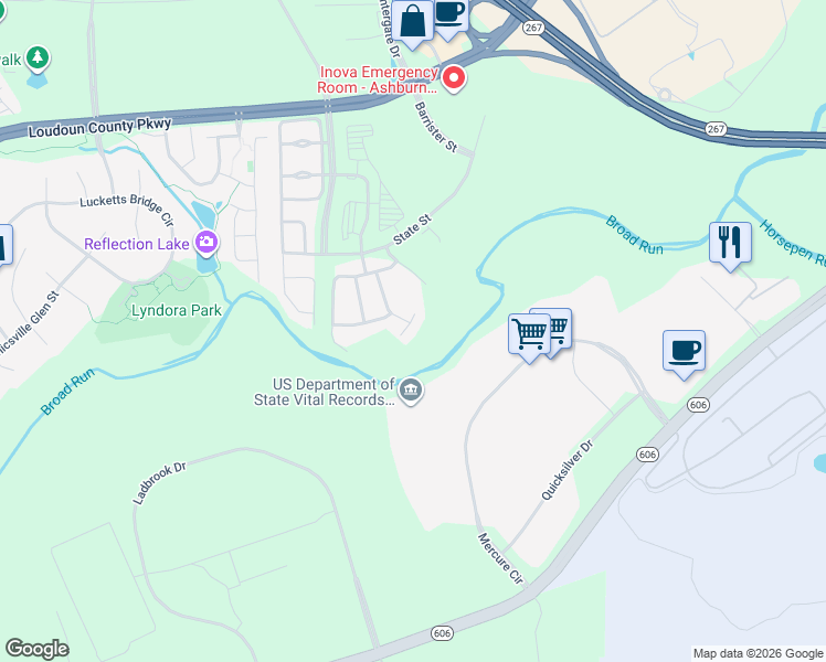 map of restaurants, bars, coffee shops, grocery stores, and more near 22722 Dexter House Terrace in Ashburn