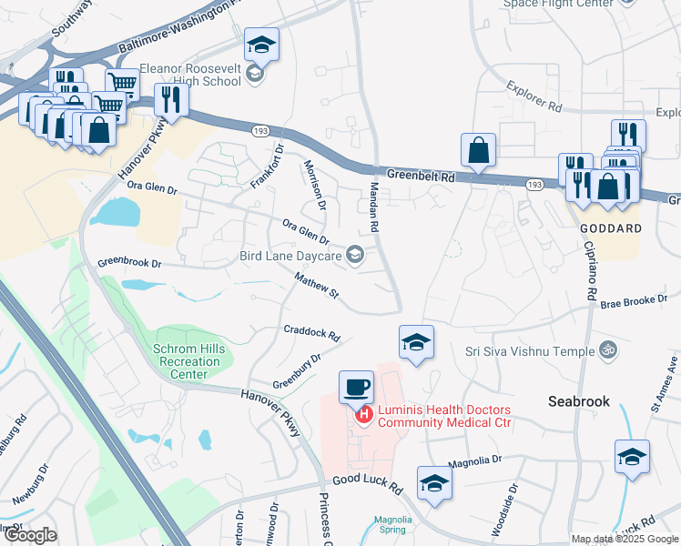 map of restaurants, bars, coffee shops, grocery stores, and more near 7104 Ora Glen Court in Greenbelt