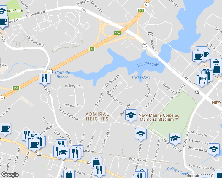 map of restaurants, bars, coffee shops, grocery stores, and more near 101 Simms Dr in Annapolis