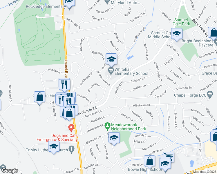 map of restaurants, bars, coffee shops, grocery stores, and more near 3800 Winchester Lane in Bowie
