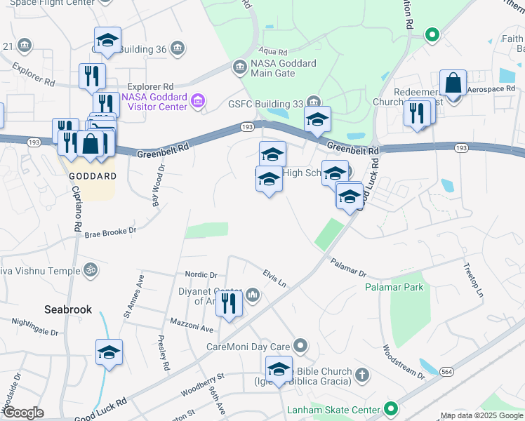 map of restaurants, bars, coffee shops, grocery stores, and more near 9850 Good Luck Road in Lanham