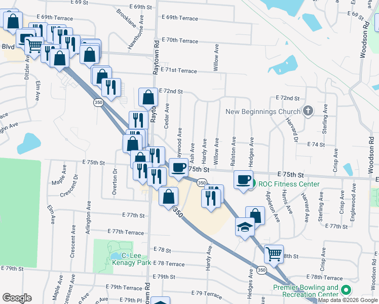 map of restaurants, bars, coffee shops, grocery stores, and more near 7412 Ash Avenue in Raytown