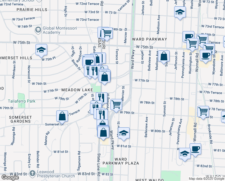map of restaurants, bars, coffee shops, grocery stores, and more near 1500 Meadow Lake Terrace in Kansas City