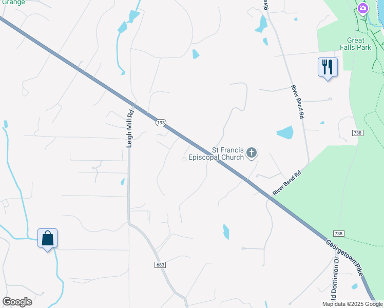 map of restaurants, bars, coffee shops, grocery stores, and more near 9315 Georgetown Pike in Great Falls