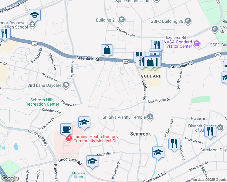 map of restaurants, bars, coffee shops, grocery stores, and more near 8571 Greenbelt Road in Greenbelt