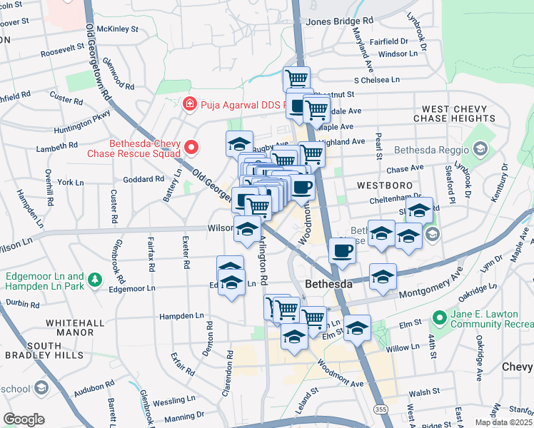 map of restaurants, bars, coffee shops, grocery stores, and more near 4935 St Elmo Ave in Bethesda