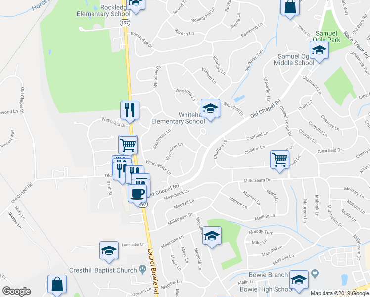 map of restaurants, bars, coffee shops, grocery stores, and more near 12221 Wynmore Lane in Bowie