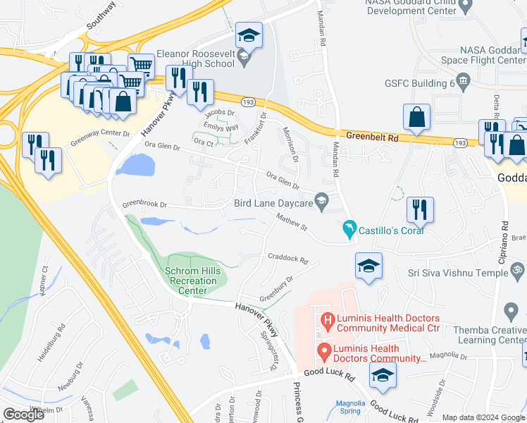 map of restaurants, bars, coffee shops, grocery stores, and more near 7128 Mathew Street in Greenbelt