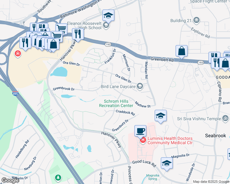 map of restaurants, bars, coffee shops, grocery stores, and more near 7128 Mathew Street in Greenbelt