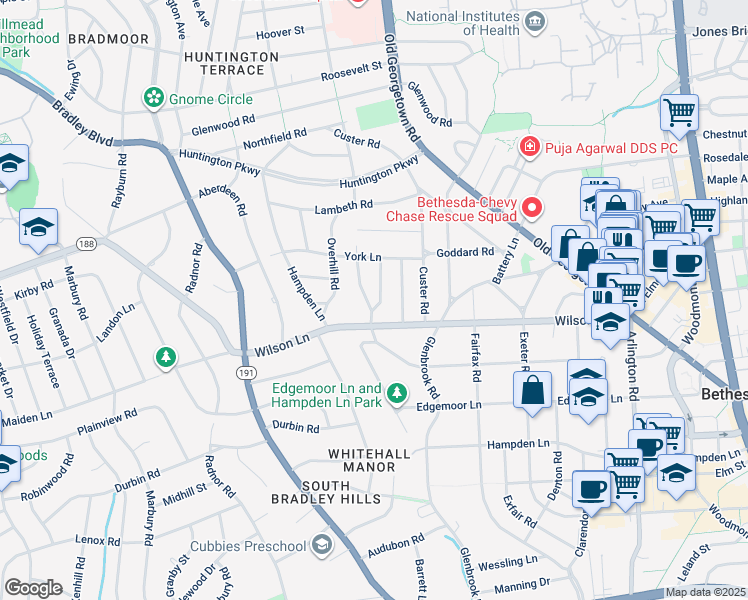 map of restaurants, bars, coffee shops, grocery stores, and more near 7805 Moorland Lane in Bethesda