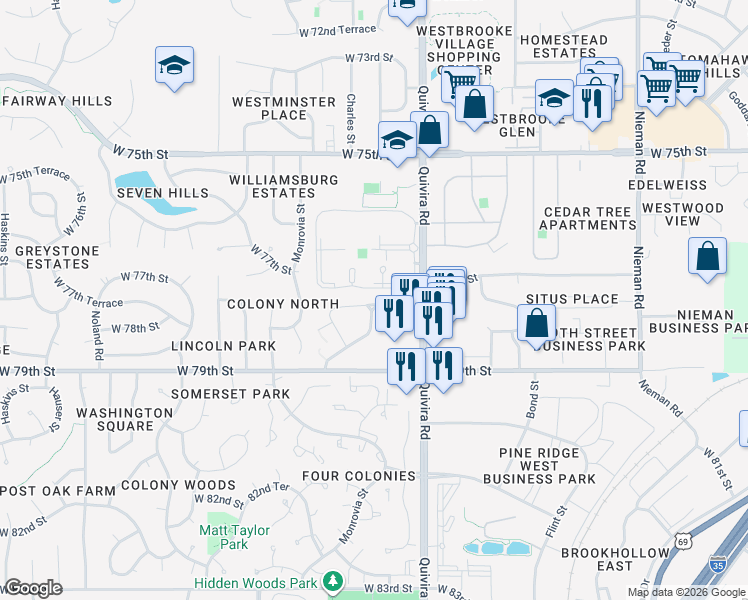 map of restaurants, bars, coffee shops, grocery stores, and more near 12000 West 77th Terrace in Lenexa