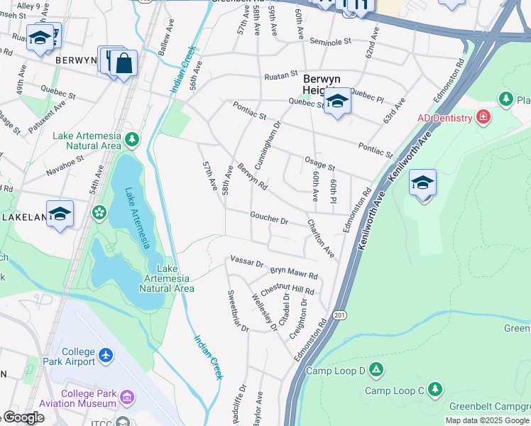 map of restaurants, bars, coffee shops, grocery stores, and more near 5706 Goucher Drive in Berwyn Heights