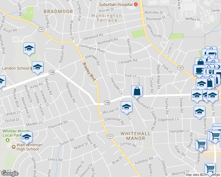 map of restaurants, bars, coffee shops, grocery stores, and more near 7823 Aberdeen Road in Bethesda