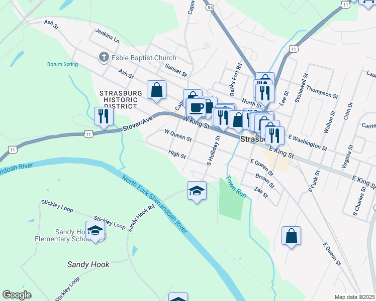 map of restaurants, bars, coffee shops, grocery stores, and more near 260 South Fort Street in Strasburg