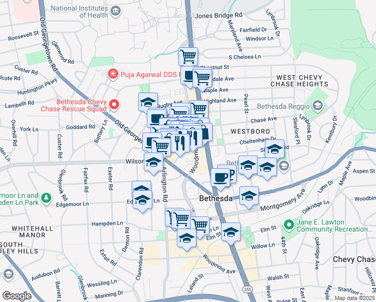 map of restaurants, bars, coffee shops, grocery stores, and more near 7770 Norfolk Avenue in Bethesda