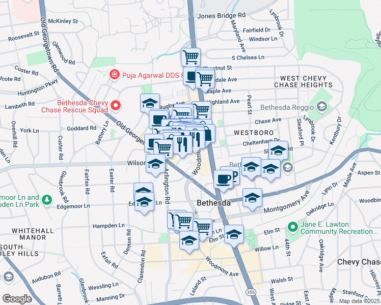 map of restaurants, bars, coffee shops, grocery stores, and more near 7770 Norfolk Avenue in Bethesda