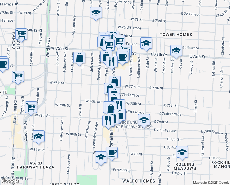 map of restaurants, bars, coffee shops, grocery stores, and more near 7721 Wornall Road in Kansas City