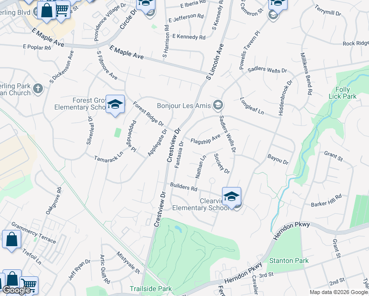 map of restaurants, bars, coffee shops, grocery stores, and more near 12835 Fantasia Drive in Herndon