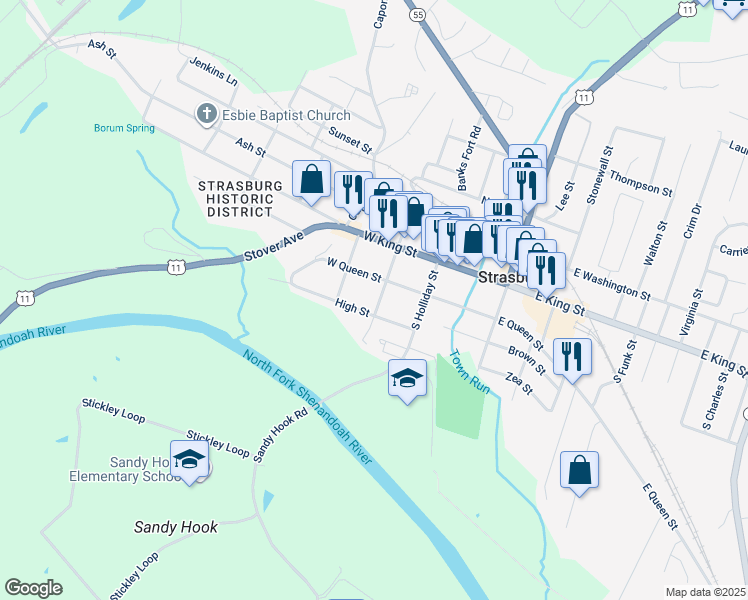 map of restaurants, bars, coffee shops, grocery stores, and more near 260 South Fort Street in Strasburg