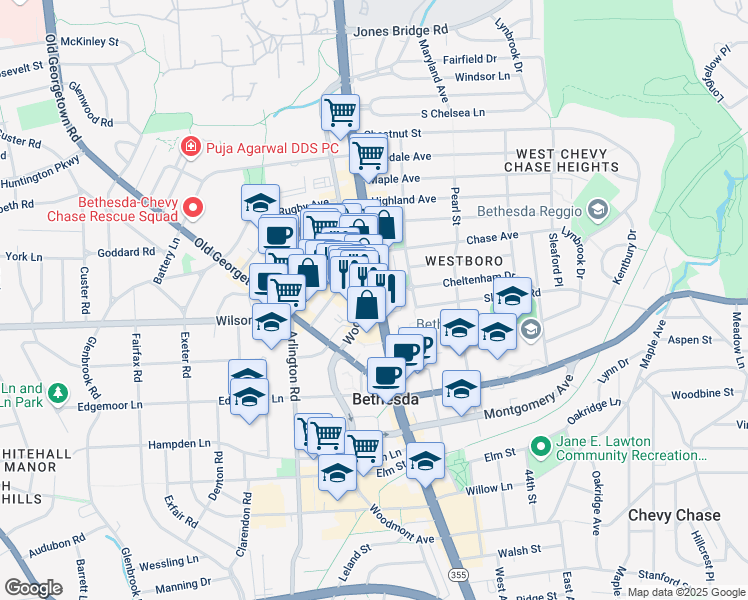 map of restaurants, bars, coffee shops, grocery stores, and more near 7750 Wisconsin Avenue in Bethesda