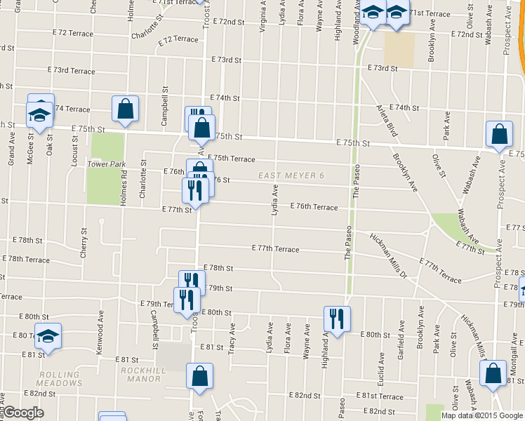 map of restaurants, bars, coffee shops, grocery stores, and more near 1187 East 76th Terrace in Kansas City