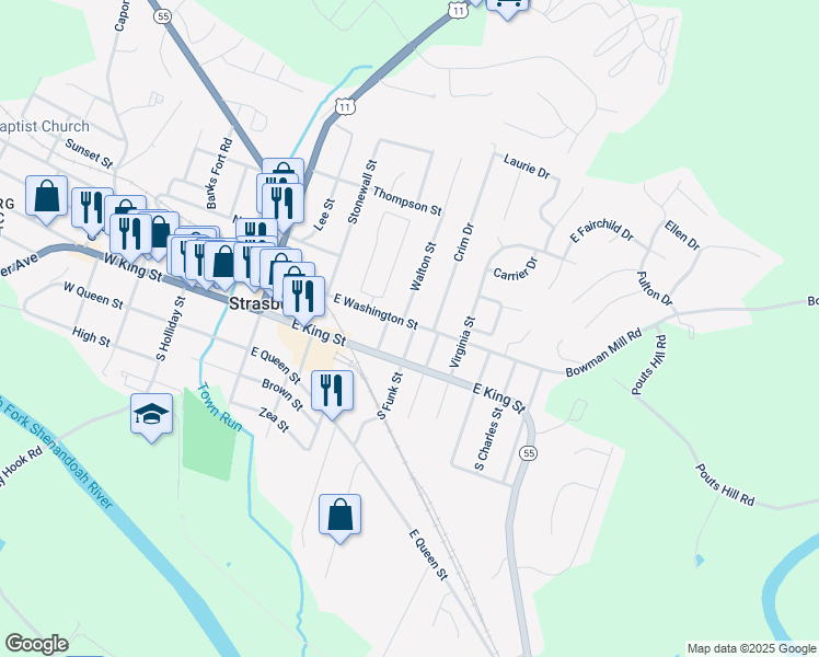 map of restaurants, bars, coffee shops, grocery stores, and more near 195 North Funk Street in Strasburg
