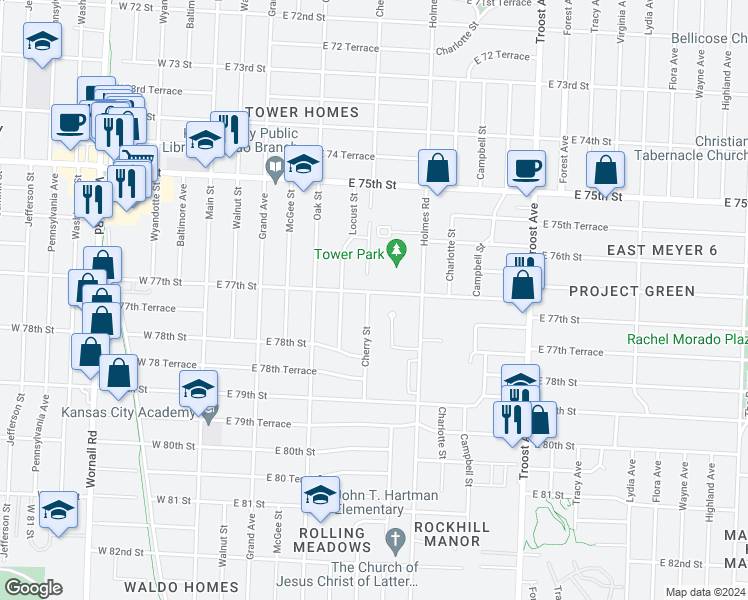 map of restaurants, bars, coffee shops, grocery stores, and more near 601 East 77th Street in Kansas City