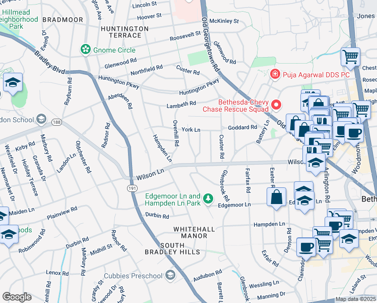 map of restaurants, bars, coffee shops, grocery stores, and more near 7810 Moorland Lane in Bethesda