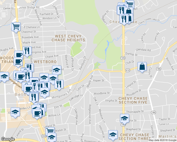 map of restaurants, bars, coffee shops, grocery stores, and more near 4111 Edgevale Ct in Chevy Chase