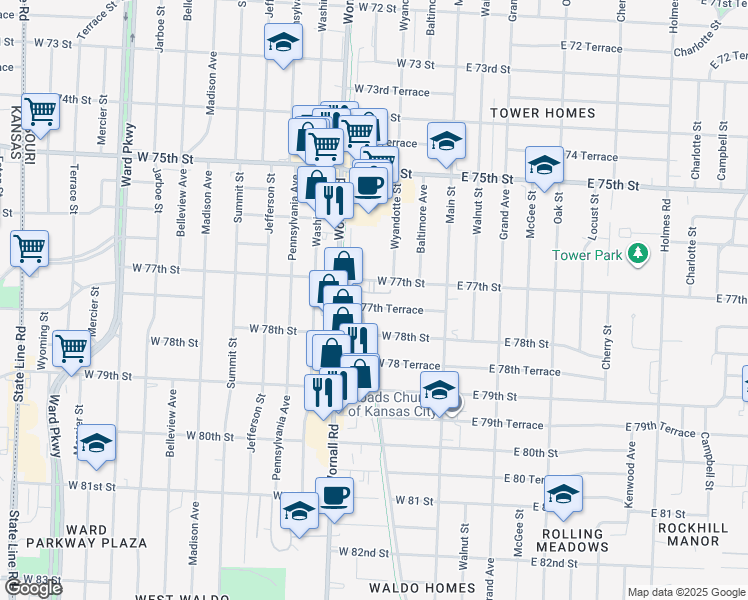 map of restaurants, bars, coffee shops, grocery stores, and more near 220 West 77th Terrace in Kansas City