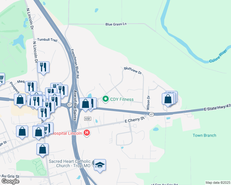 map of restaurants, bars, coffee shops, grocery stores, and more near 440 Bluff Drive in Troy