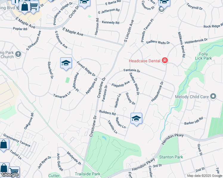 map of restaurants, bars, coffee shops, grocery stores, and more near 12808 Lady Fairfax Circle in Herndon