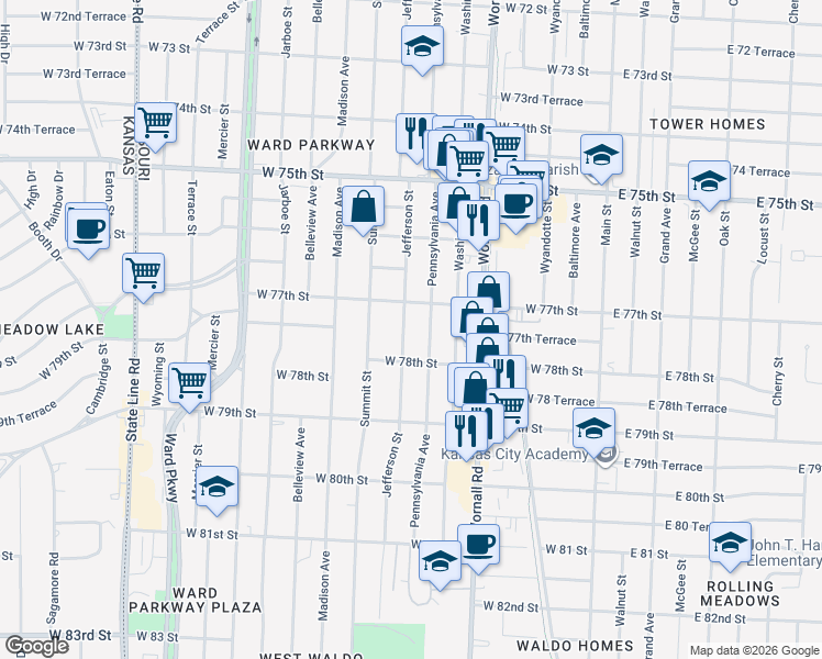 map of restaurants, bars, coffee shops, grocery stores, and more near 7723 Jefferson St in Kansas City