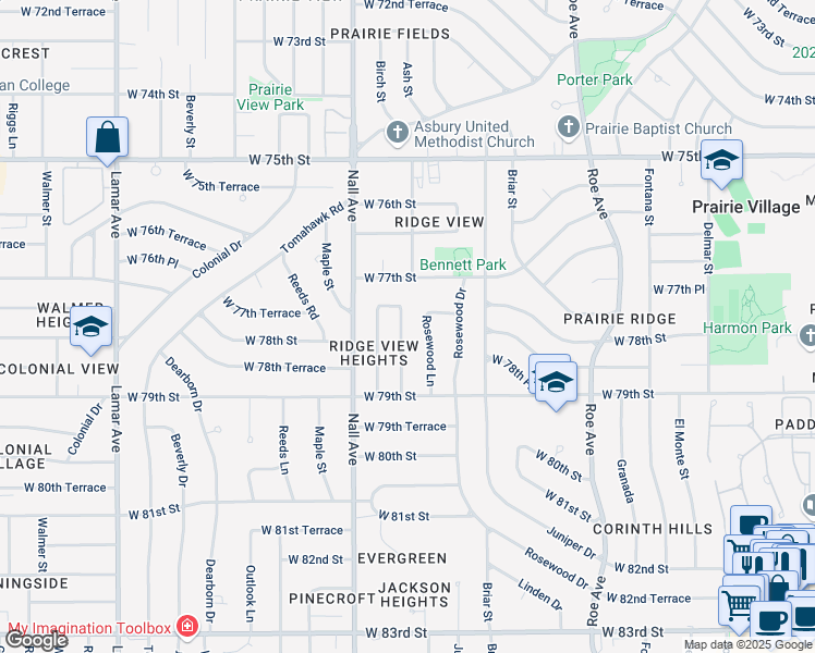 map of restaurants, bars, coffee shops, grocery stores, and more near 7739 Ash Street in Prairie Village
