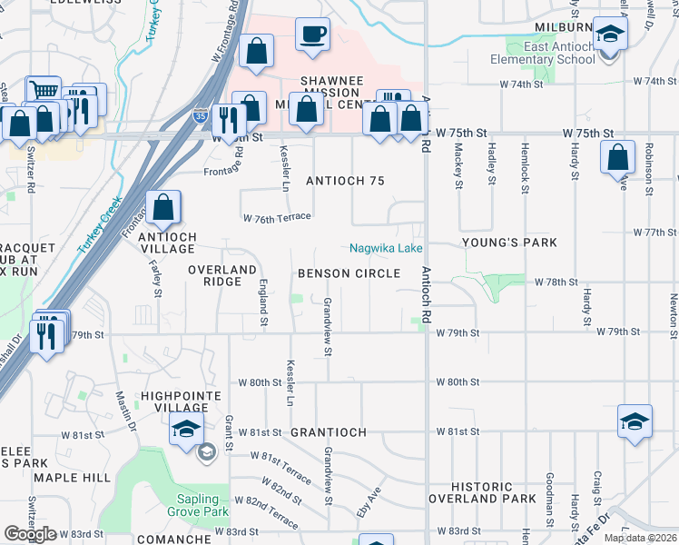 map of restaurants, bars, coffee shops, grocery stores, and more near 9021 West 78th Circle in Overland Park