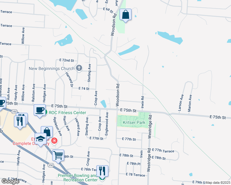 map of restaurants, bars, coffee shops, grocery stores, and more near 11533 East 74th Street Court in Kansas City